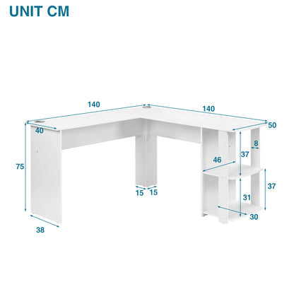 White L-shaped desk with dimensions marked in centimeters on a white background