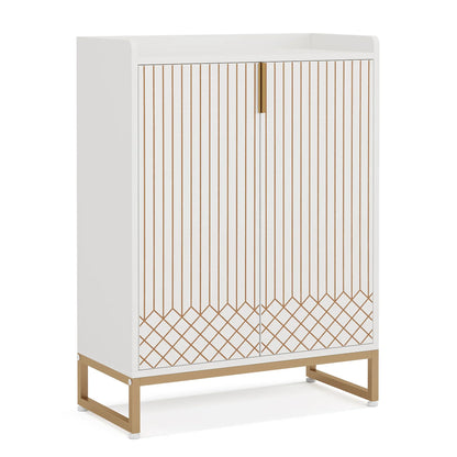 White cabinet with gold geometric pattern on a white background