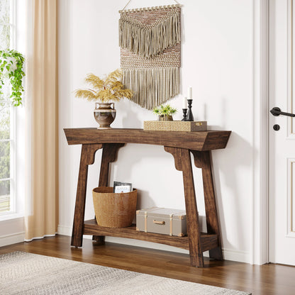 Wooden console table in a room with decor elements