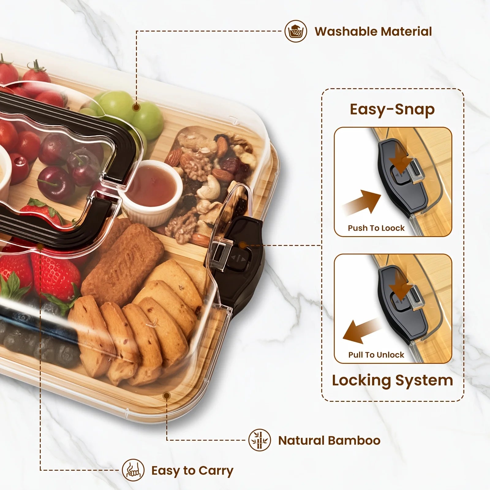 Wooden charcuterie board with meats,with food compartments and features highlighted on a white background
