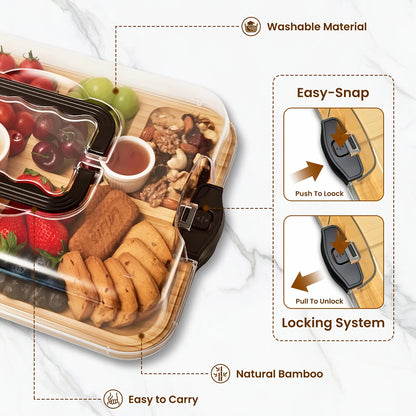 Wooden charcuterie board with meats,with food compartments and features highlighted on a white background