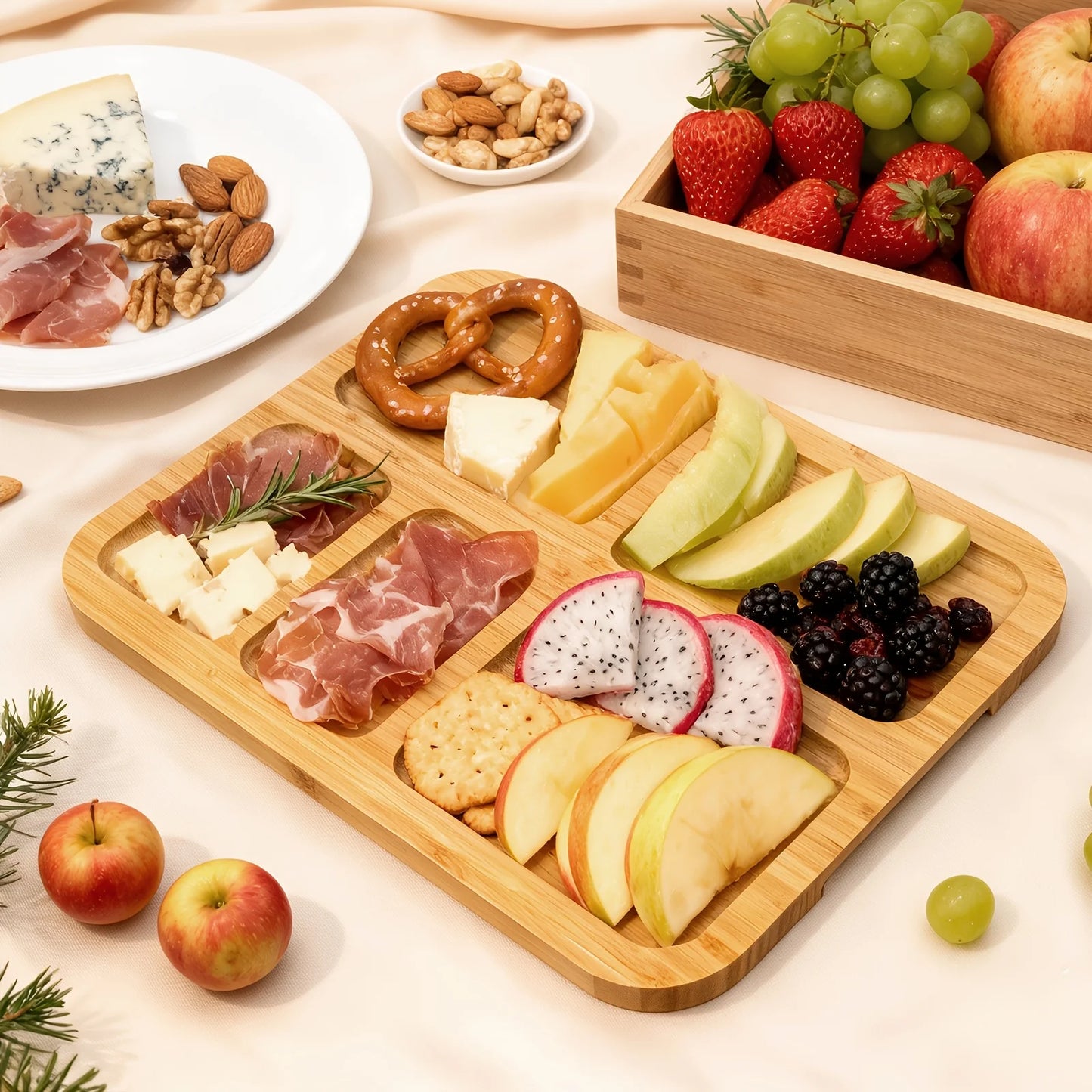 Wooden charcuterie board with meats, cheeses, fruits, and nuts on a light surface.
