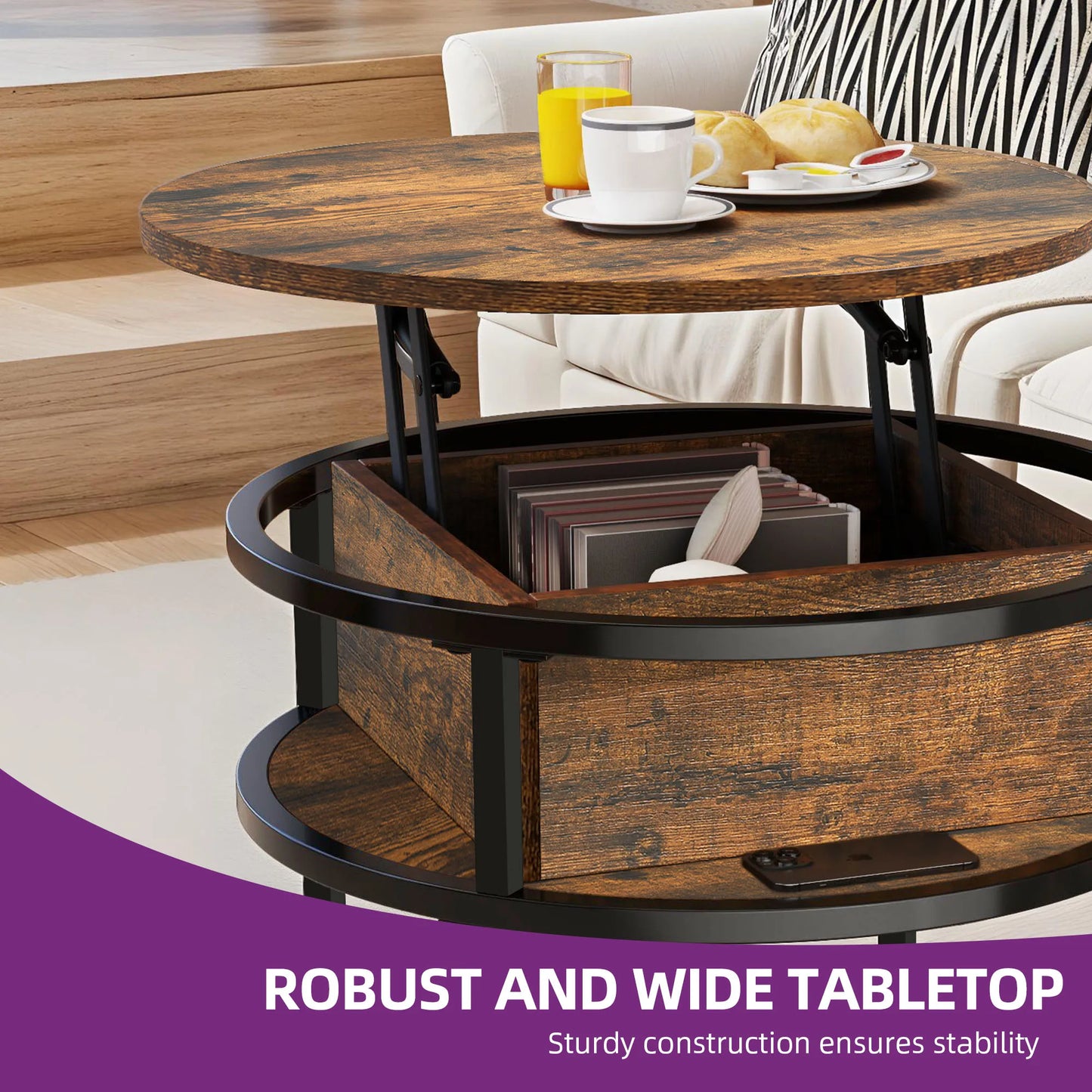 Wooden coffee table with lift-top design, displaying a cup of coffee and snacks on a living room setting.