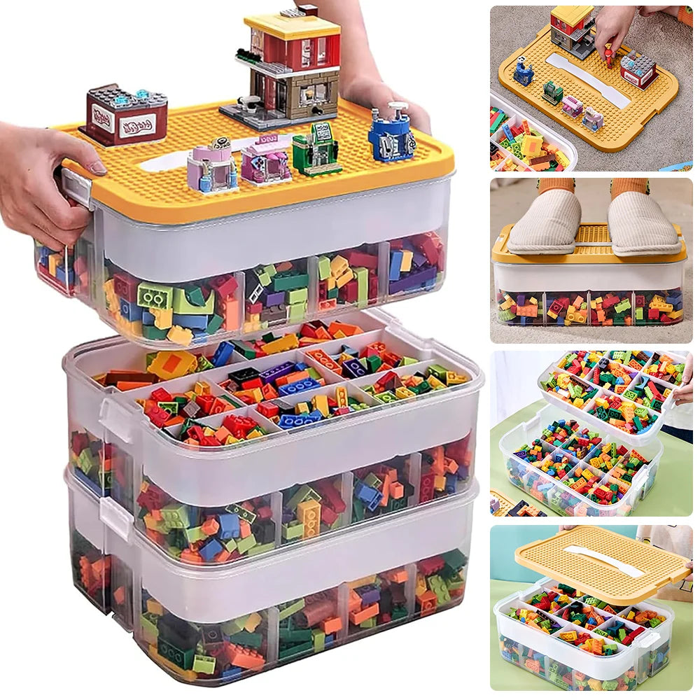 Toy building block set with storage container and various play activities.