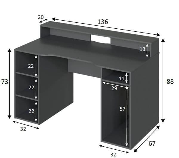 Zahura Dark Grey Gaming Desk with Hutch