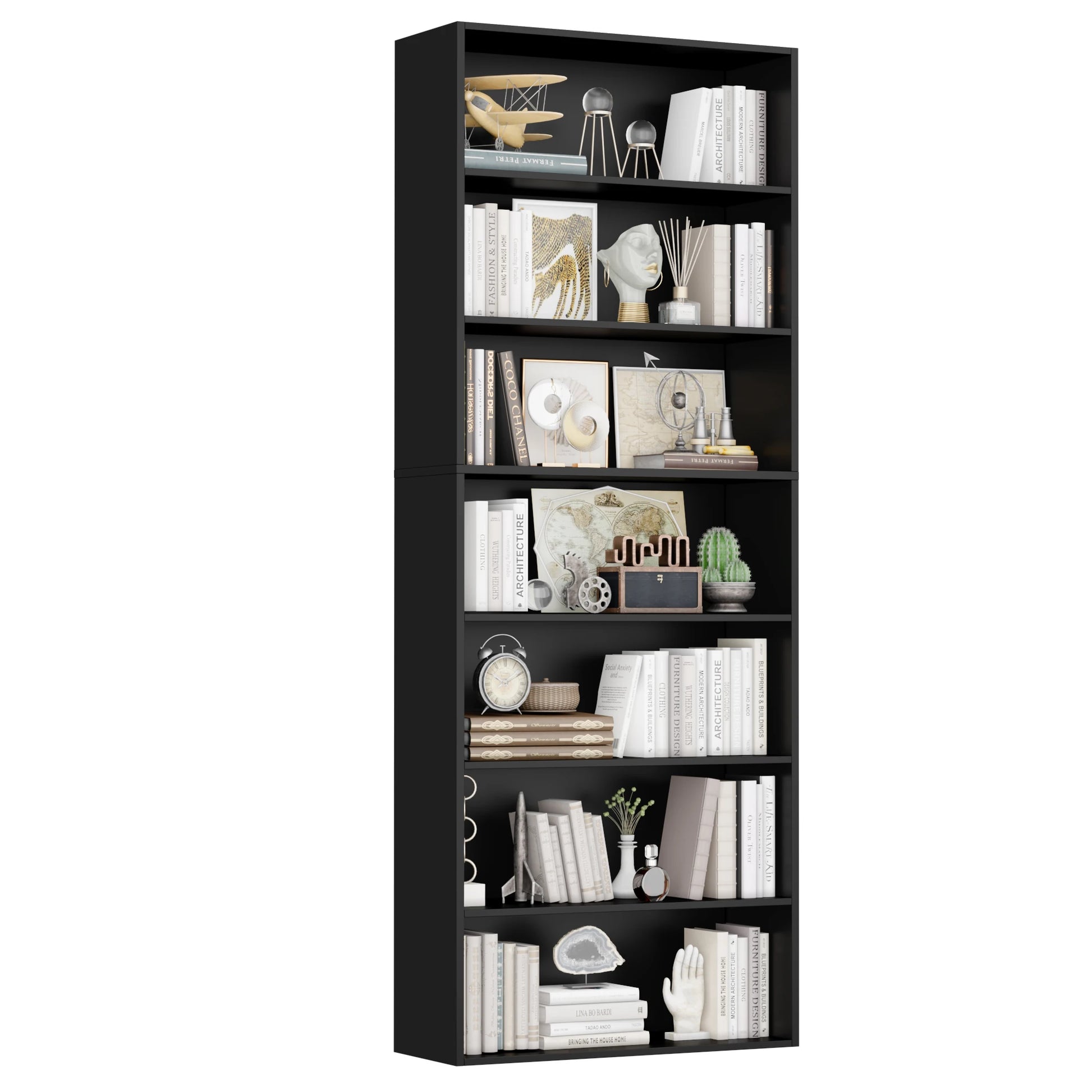 Black bookshelf with various decorative items on a white background