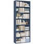 Blue bookshelf with books and decorative items on a white background