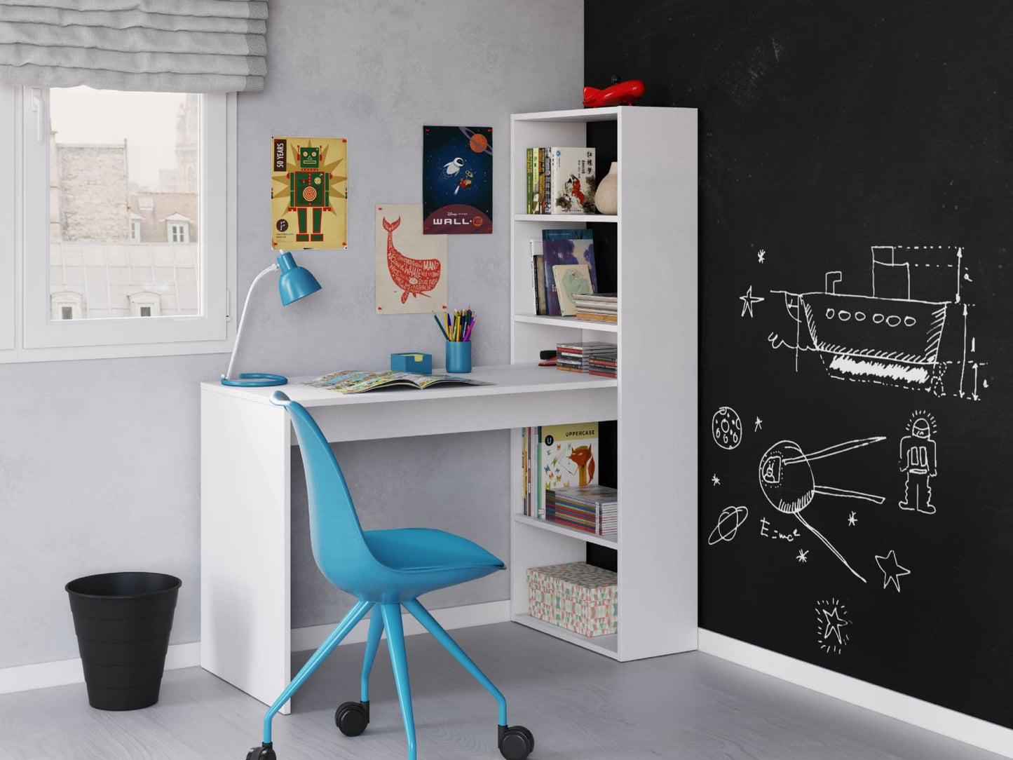 Children's study area with a white desk, blue chair, and chalkboard wall.