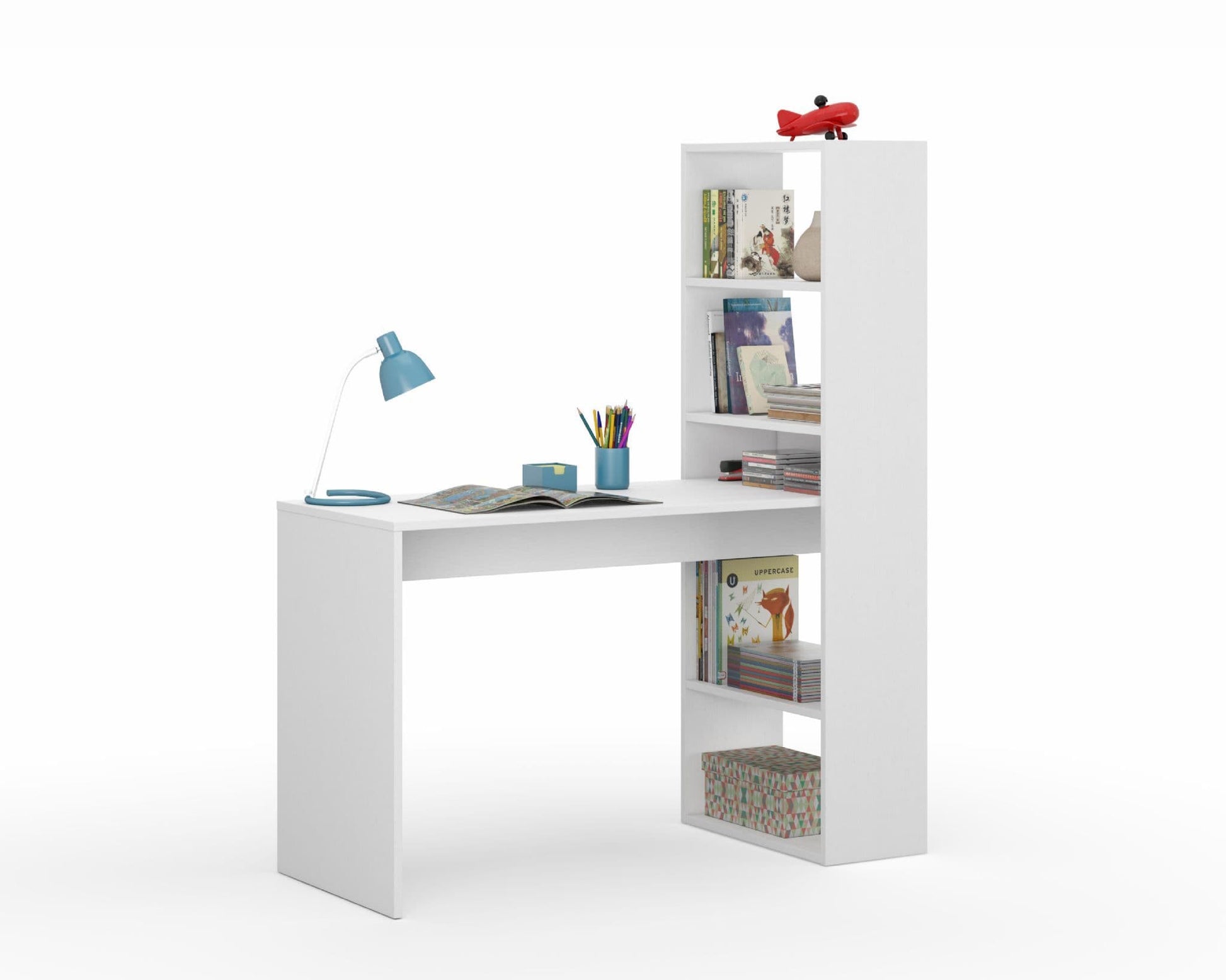 White desk with bookshelf and office supplies on a white background
