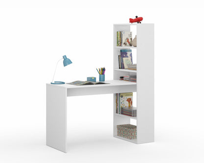 White desk with bookshelf and office supplies on a white background