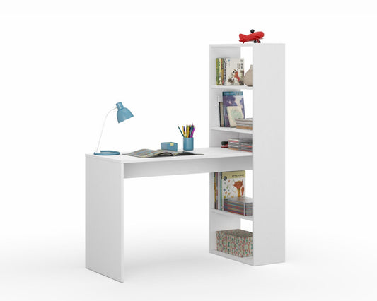 White desk with bookshelf and office supplies on a white background