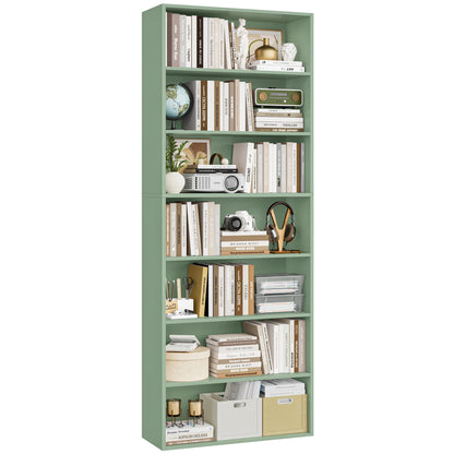 Green bookshelf with various items on a white background