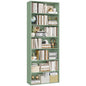 Green bookshelf with various items on a white background