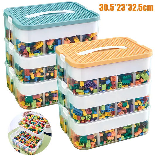 Stackable storage containers with colorful building blocks inside, showing dimensions on a white background.