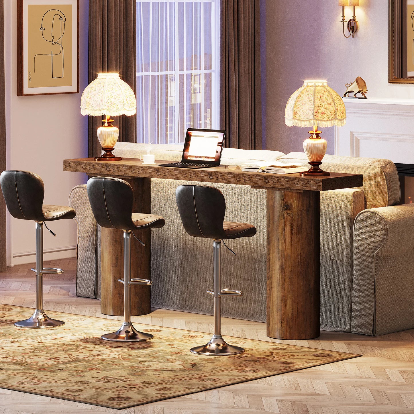 Modern living room with wooden bar table, leather stools, and a laptop.