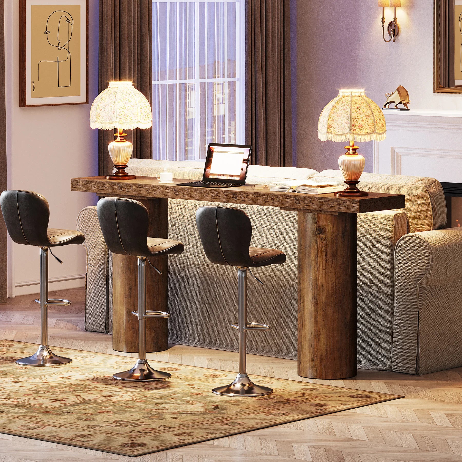 Modern living room with wooden bar table, leather stools, and a laptop.