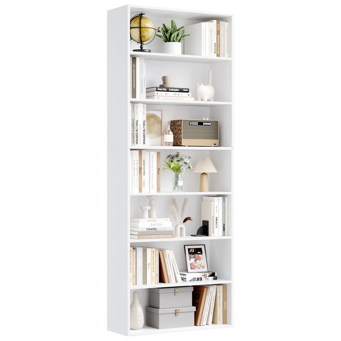 White bookshelf with various decorative items on a white background
